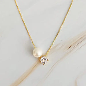 Gold Single Pearl + Diamond Necklace