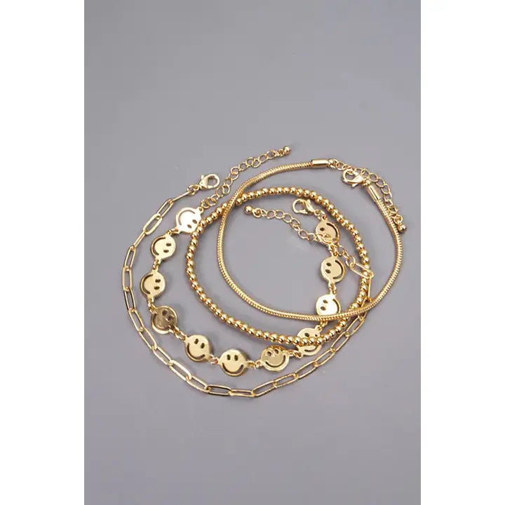 Gold Smiley Bead Chain Bracelet Set