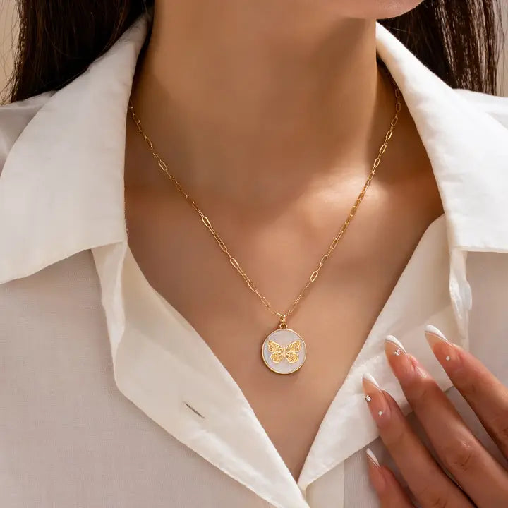 Gold Paperclip Chain Butterfly Enamel Pendant Necklace