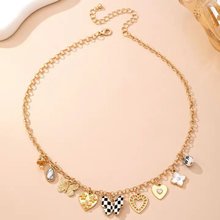 Checker Butterfly & Hearts Charm Necklace