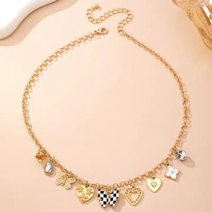 Checker Butterfly & Hearts Charm Necklace