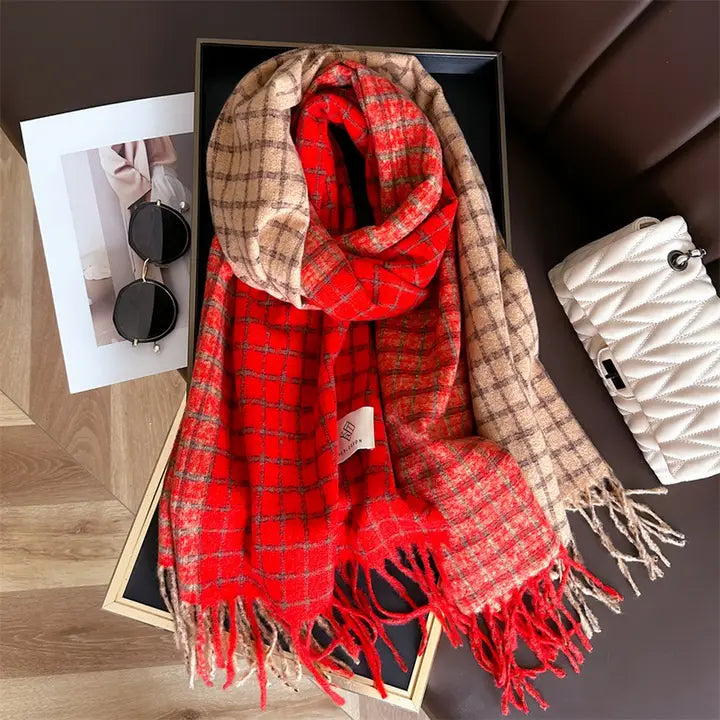 Color Block Plaid Tassel Scarf