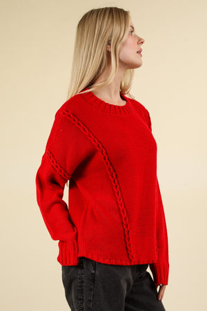 Plus Size Red Chunky Braid Knit Sweater