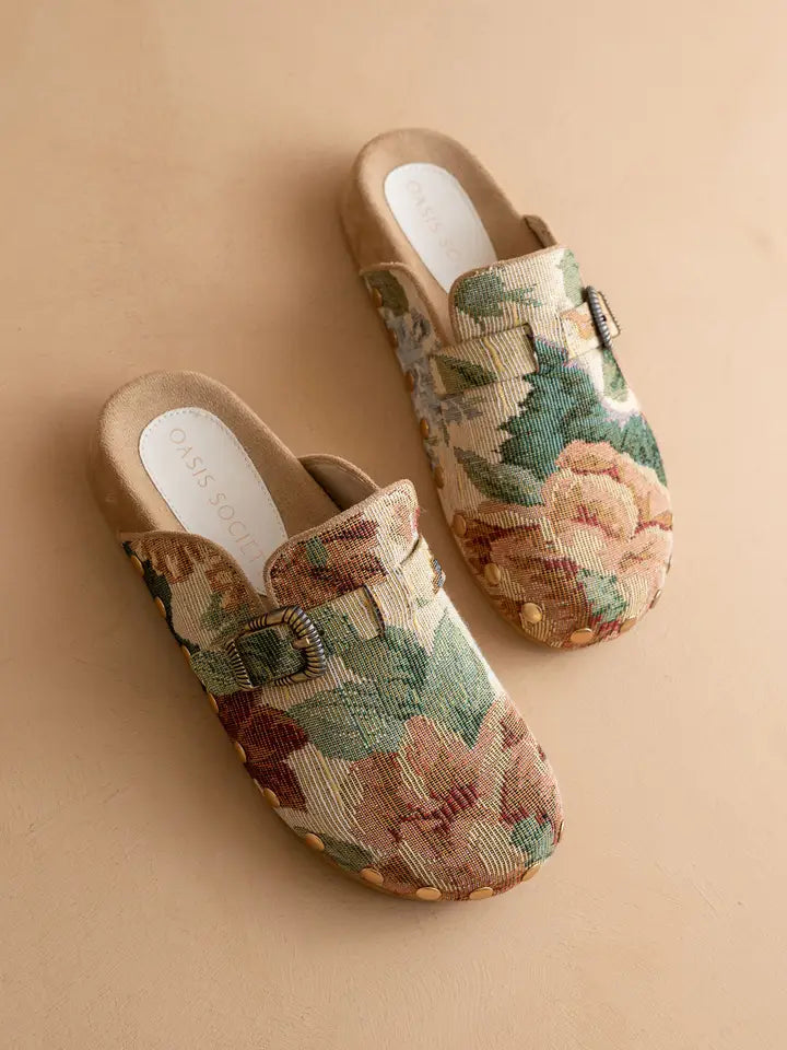 Floral Tapestry Studded Buckle Clog