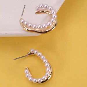 Gold Pearl U Shape Hoop Earrings