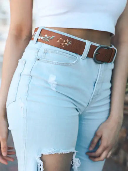 Hibiscus Embroidered Bohemian Belt - Mocha