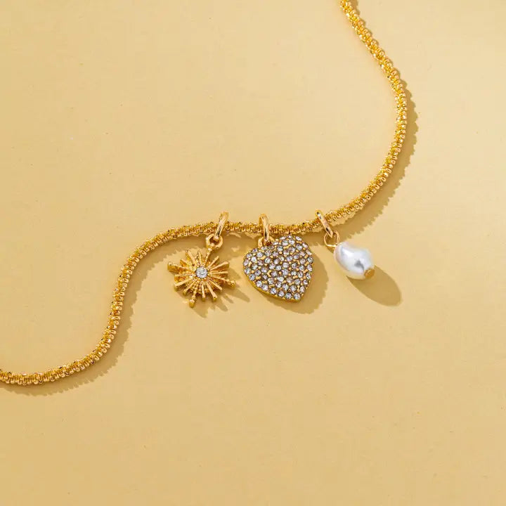 Gold Celestial Heart & Pearl Charm Necklace