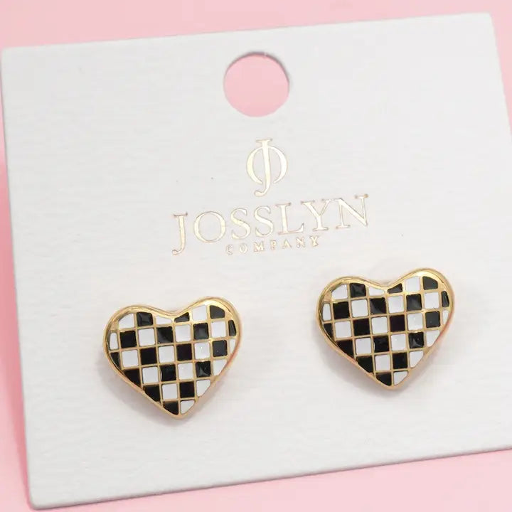 Checkered Heart Stud Earrings