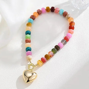 Vibrant Beaded Heart Charm Toggle Necklace