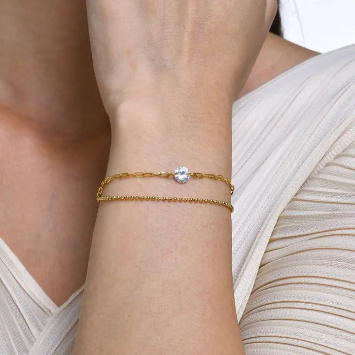 18K Stainless Steel Simple Rhinestone Bracelet Set