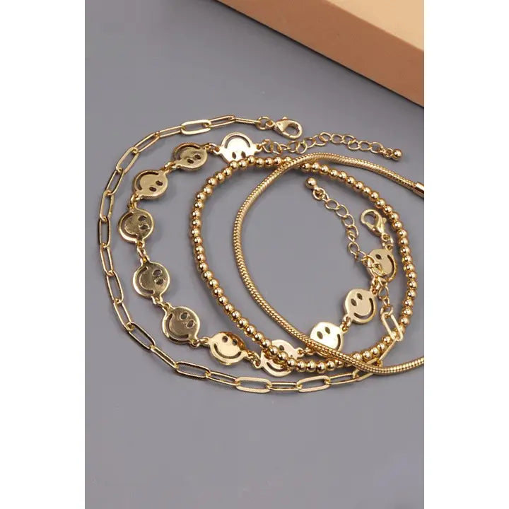 Gold Smiley Bead Chain Bracelet Set