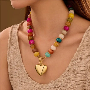 Vibrant Beaded Heart Charm Toggle Necklace