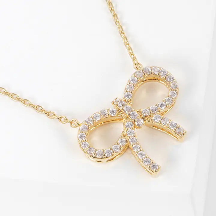 Cz Gold-Dipped Bow Rhinestone Necklace