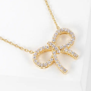 Cz Gold-Dipped Bow Rhinestone Necklace