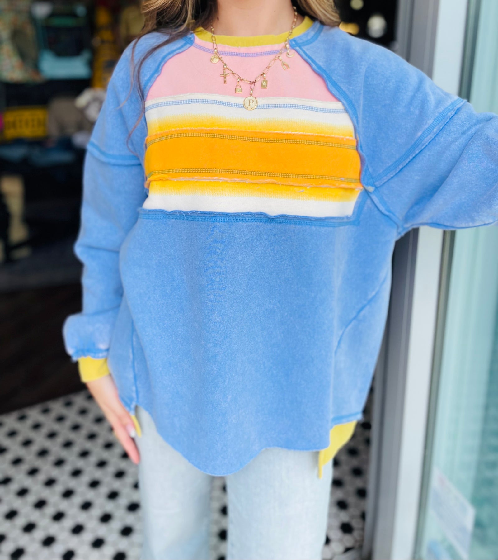 Easel Blue + Yellow Mix Mineral Wash Sweatshirt