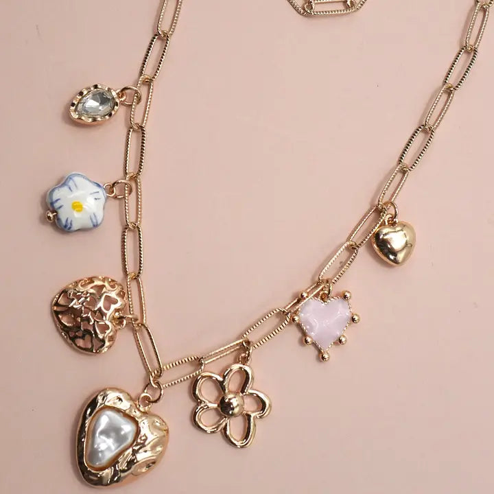 Charm Necklace - Heart + Flower