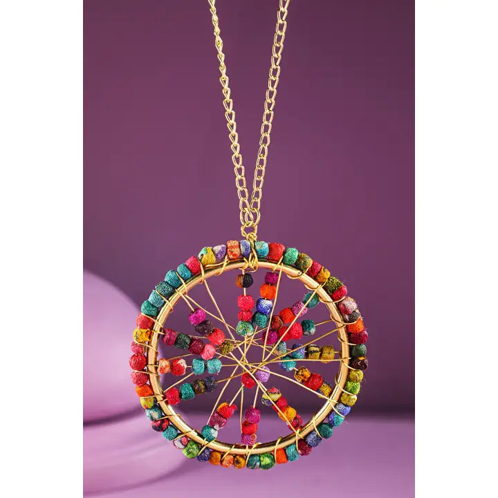 Multi Color Beaded Circle Pendant Necklace
