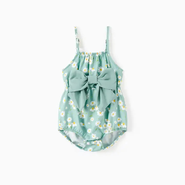 Baby Green Floral Print Bow Romper