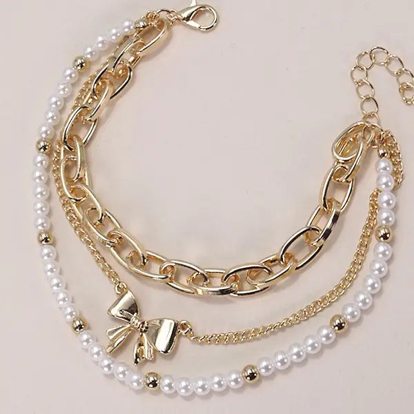 Gold Bow + Pearl Link Trio Set Bracelets