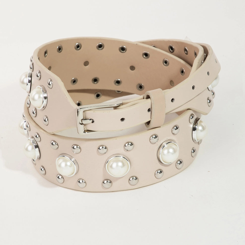 Pearl Studded Faux Leather Belt