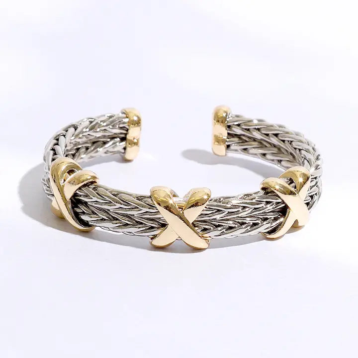 Braided Two Row Two Toned Bangle Bracelet