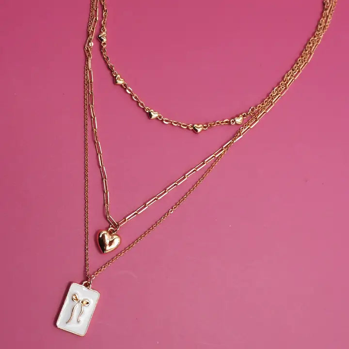Square Bow Epoxy Charm Layered Necklace