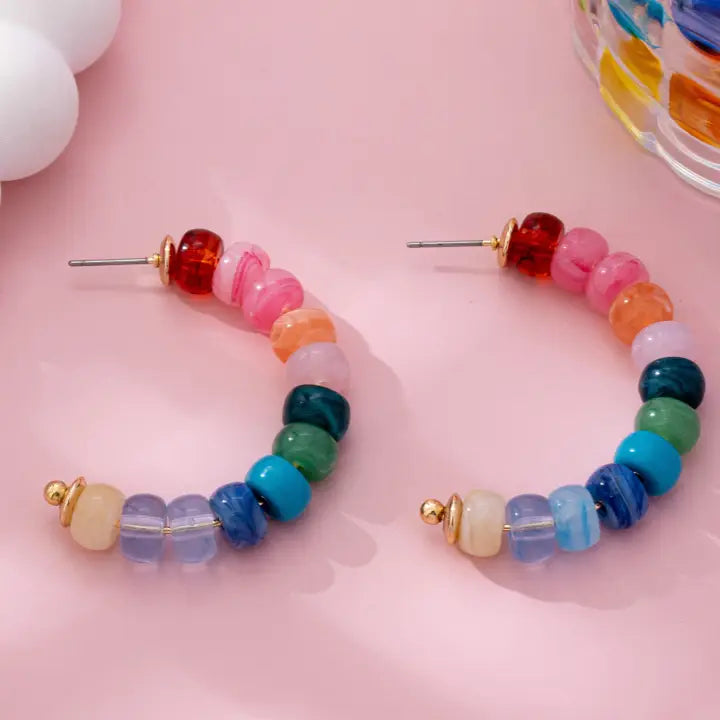 Rainbow Beaded Hoop Earrings