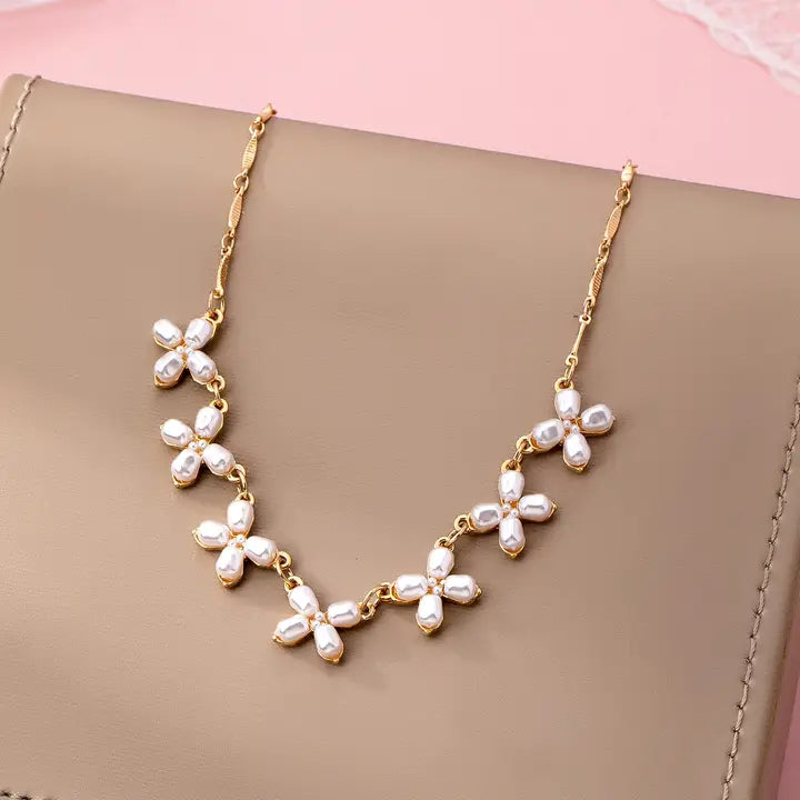 Gold Delicate Pearl Flower Necklace