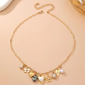 Heart, Bow & Pearl Dangle Charm Necklace
