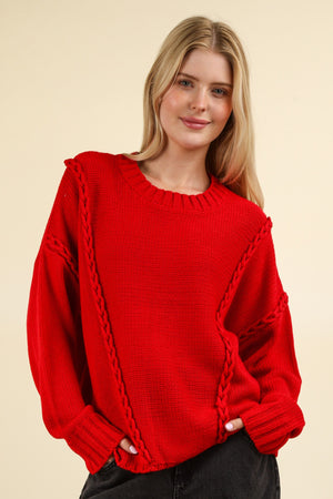 Plus Size Red Chunky Braid Knit Sweater