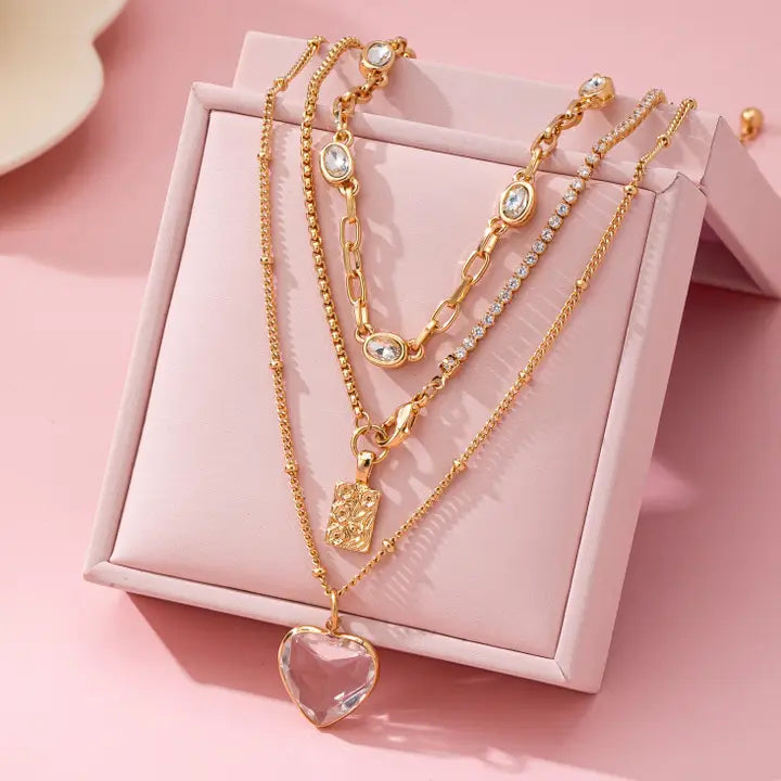 Multi Layered Rhinestone Heart Charm Necklace
