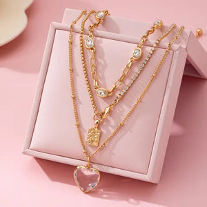 Multi Layered Rhinestone Heart Charm Necklace