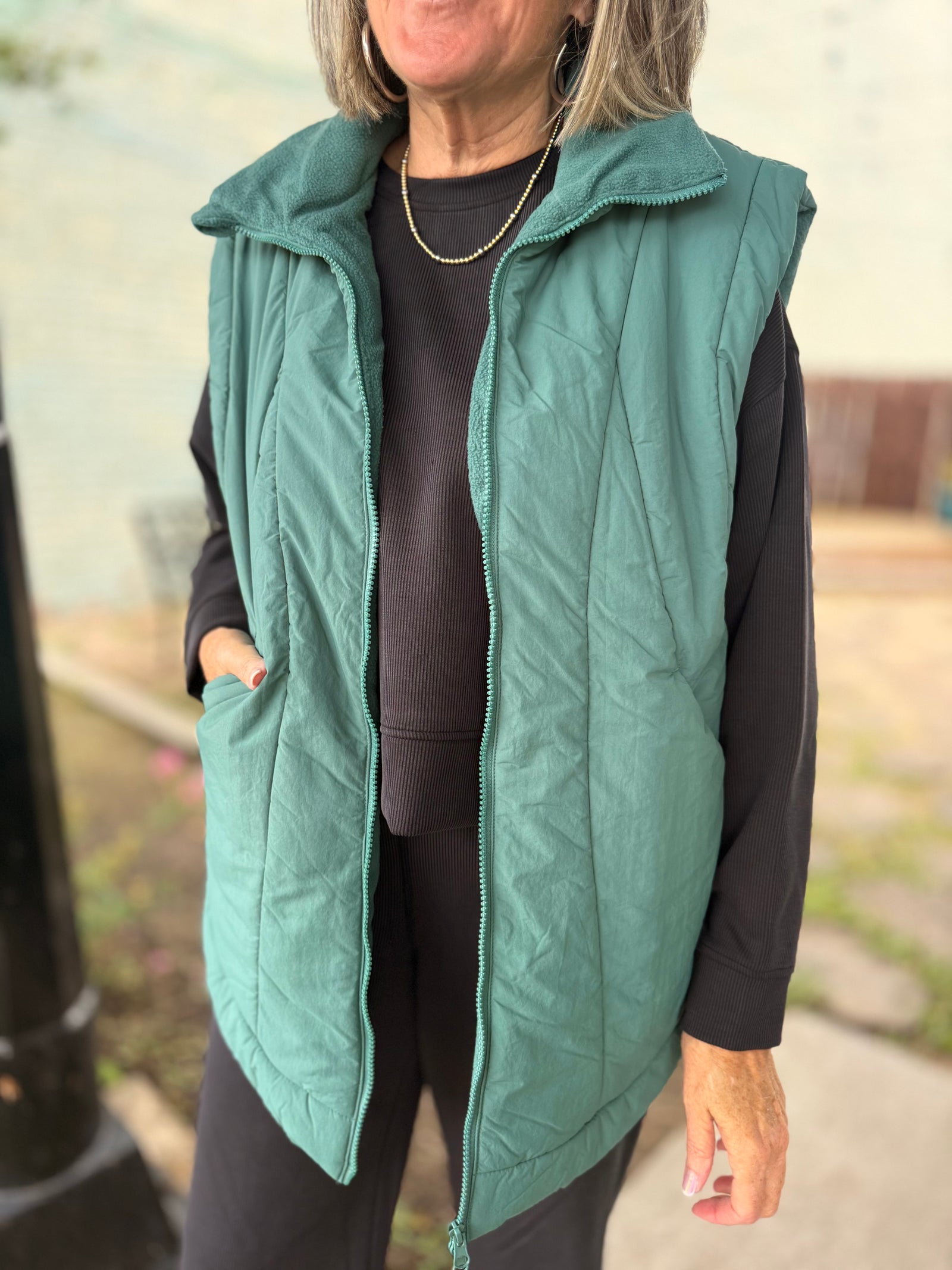 Mono B Pine Fleece Lined Long Puffer Vest