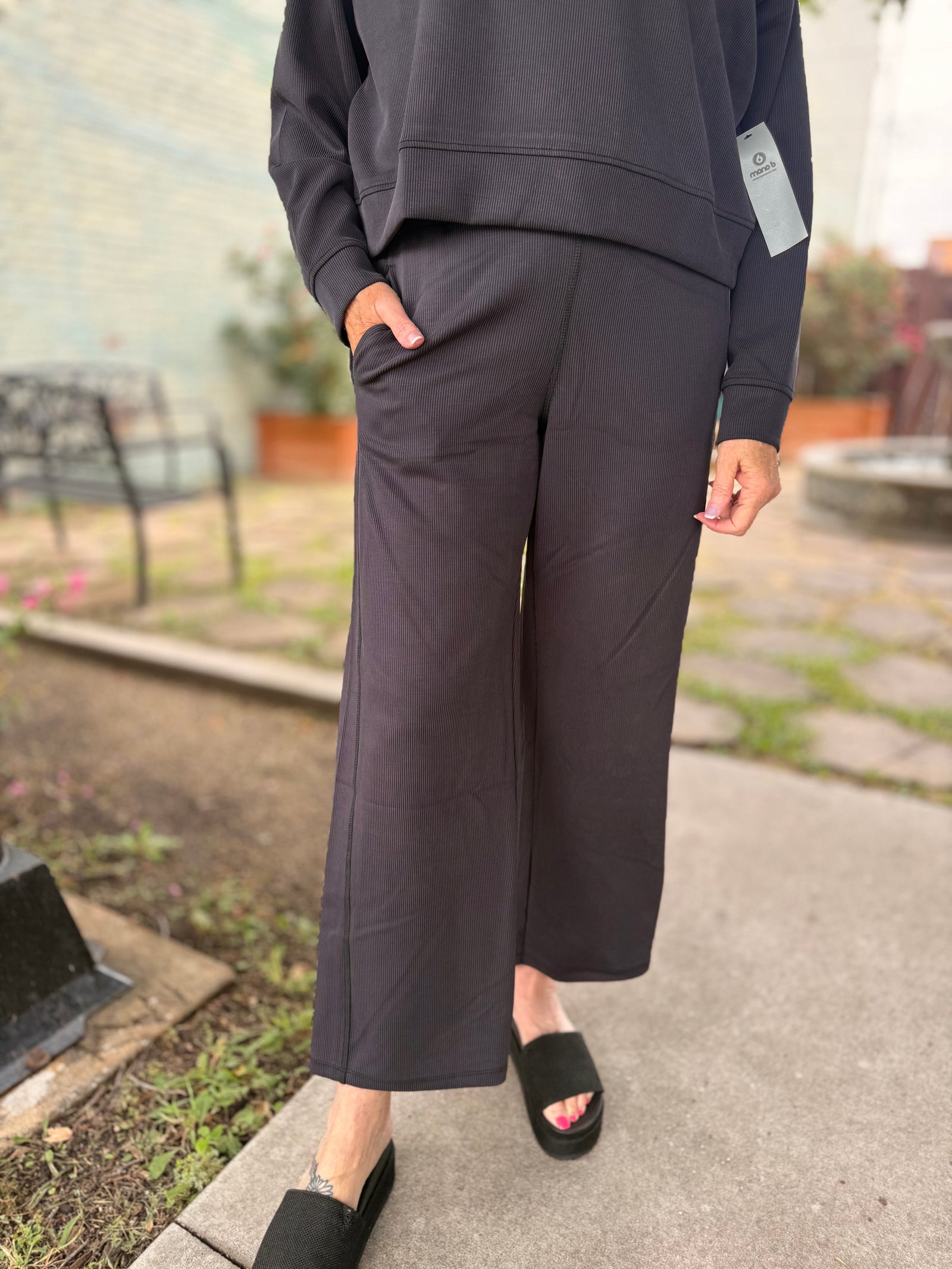 Mono B Black Ribbed Wide Leg Pants