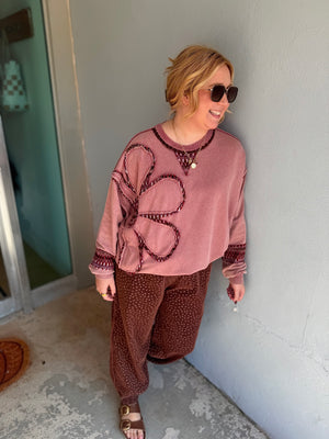Easel Cherry Wood Floral Print Corduroy Pants w/ Lace Trim