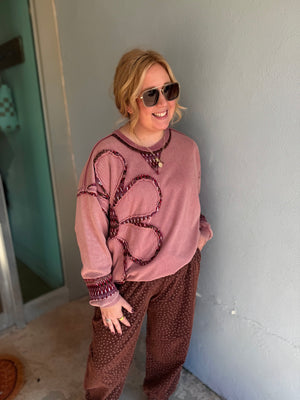 Easel Mauve Floral Patch Pullover w/ Colorful Knit Detail