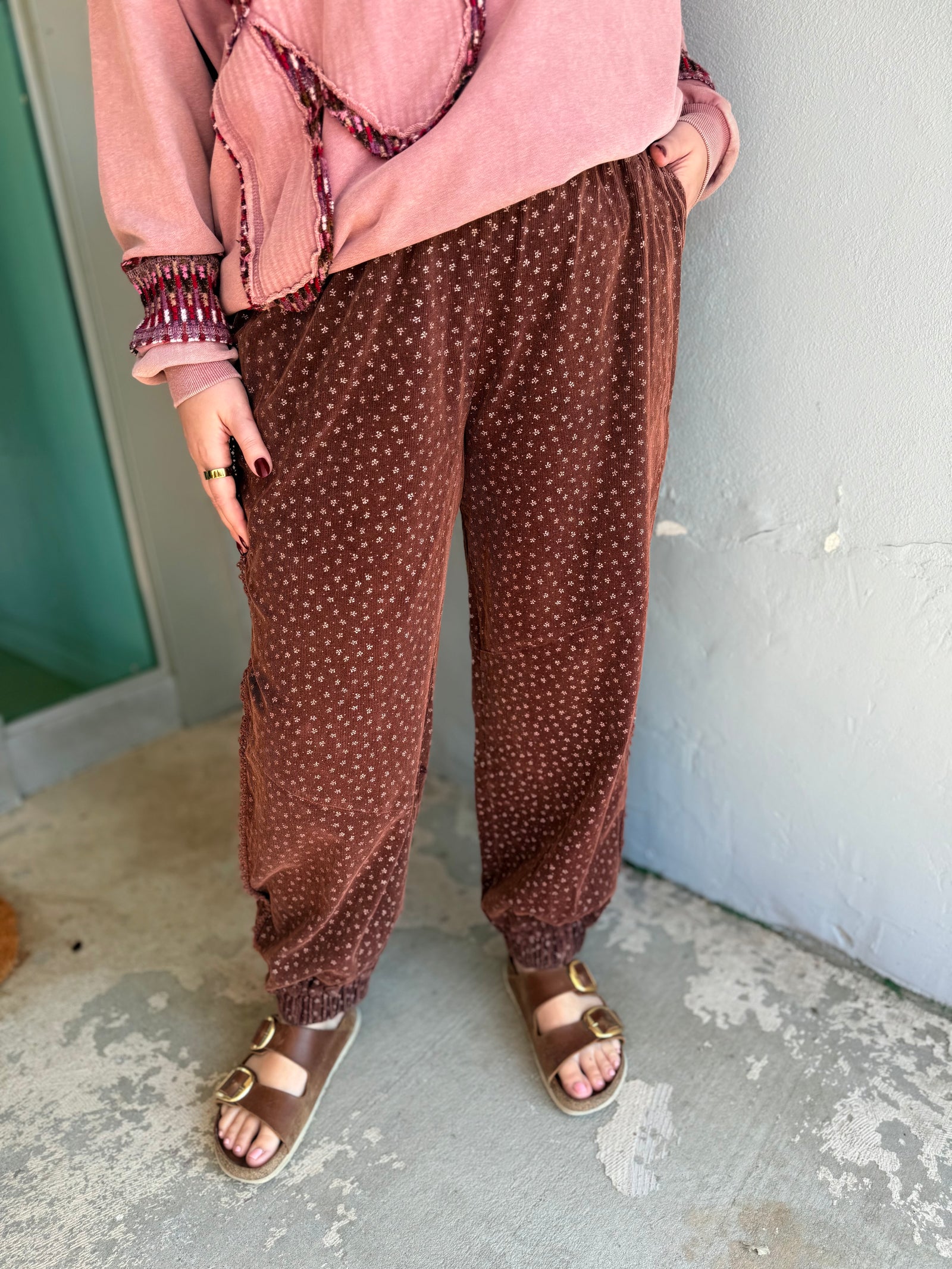 Easel Cherry Wood Floral Print Corduroy Pants w/ Lace Trim