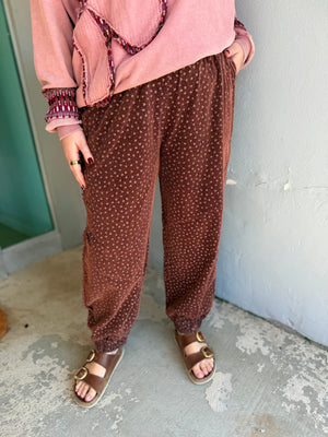 Easel Cherry Wood Floral Print Corduroy Pants w/ Lace Trim