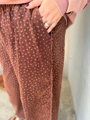 Easel Cherry Wood Floral Print Corduroy Pants w/ Lace Trim