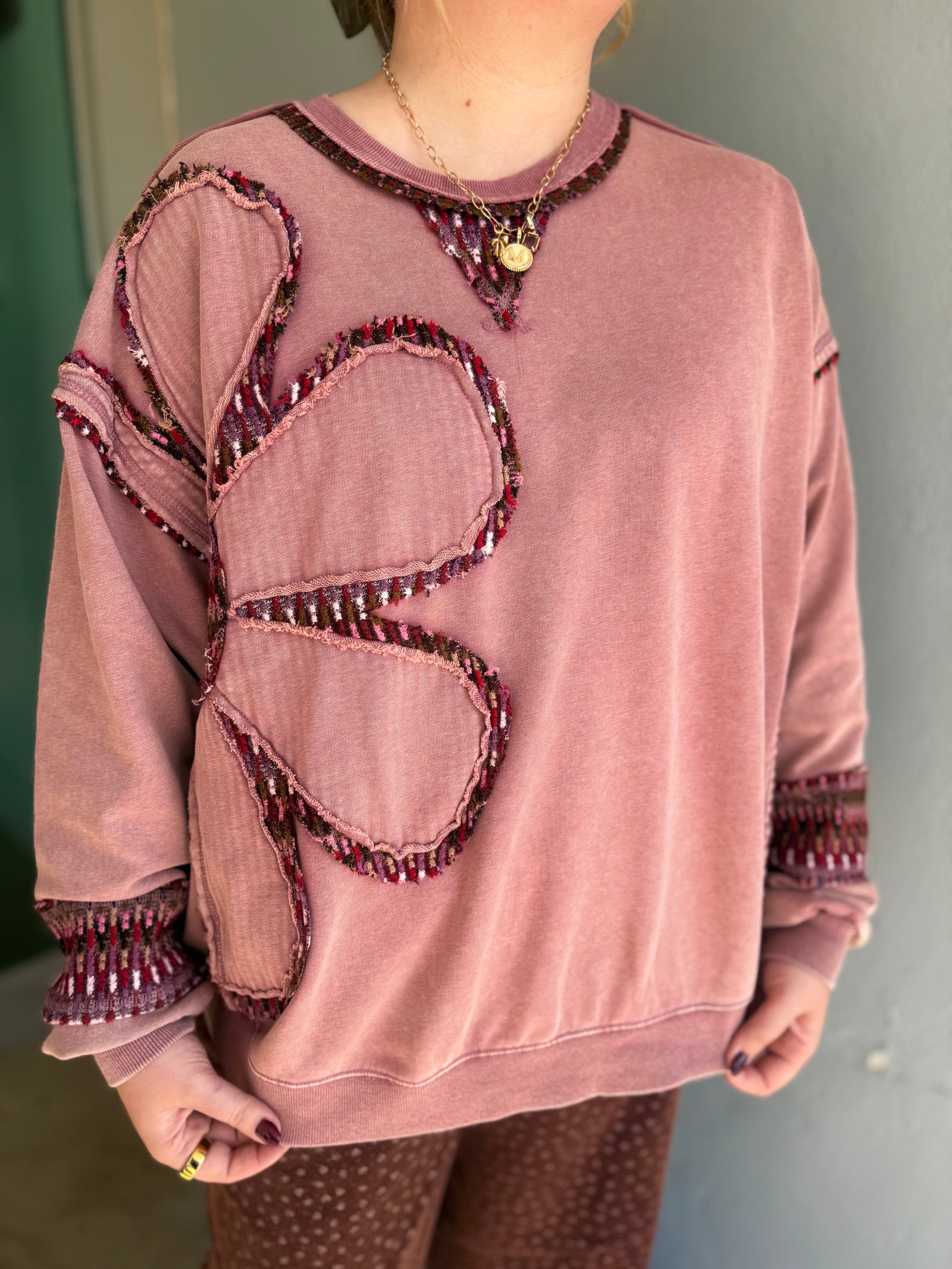 Easel Mauve Floral Patch Pullover w/ Colorful Knit Detail