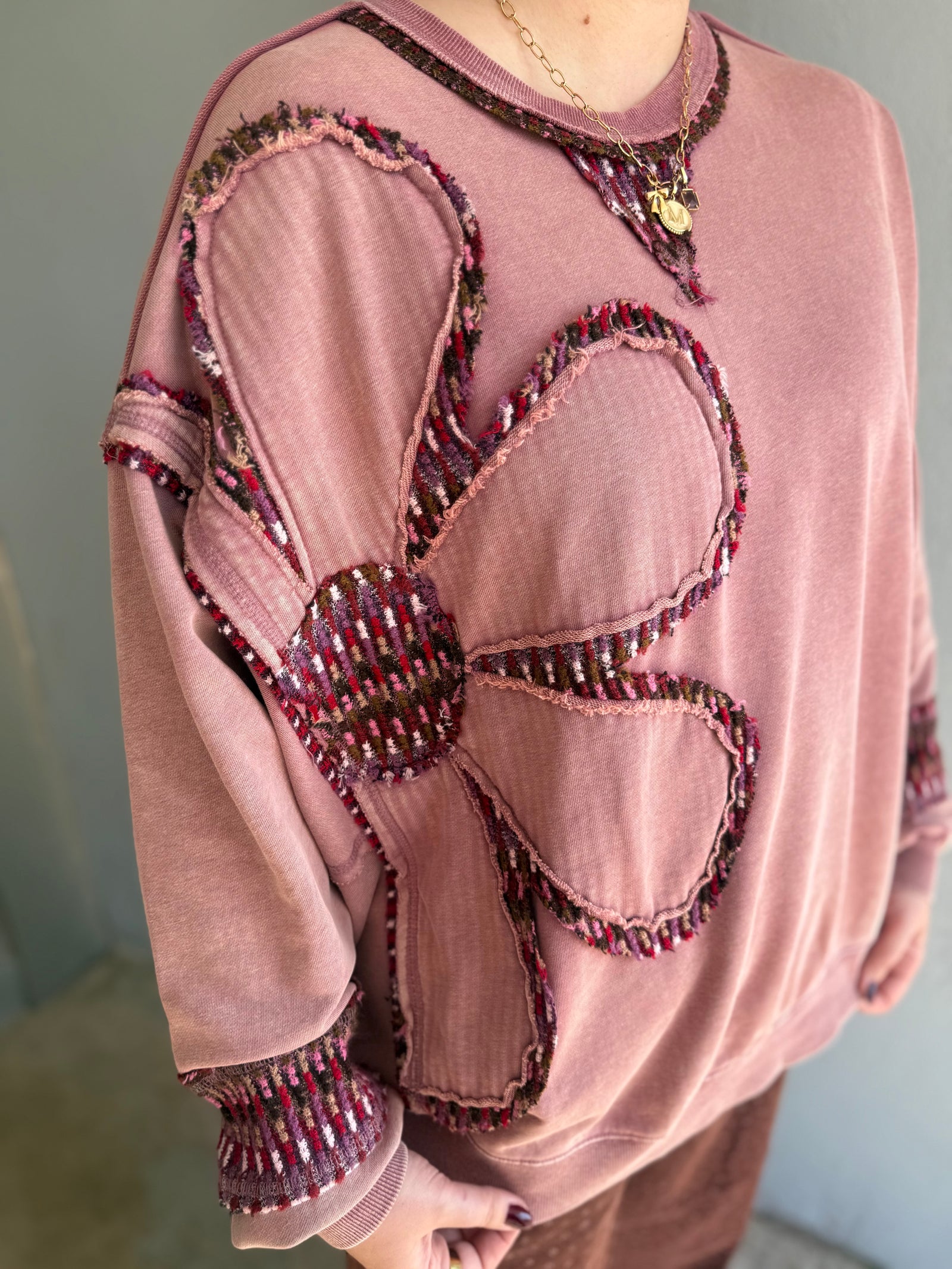 Easel Mauve Floral Patch Pullover w/ Colorful Knit Detail