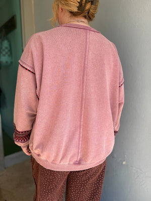 Easel Mauve Floral Patch Pullover w/ Colorful Knit Detail