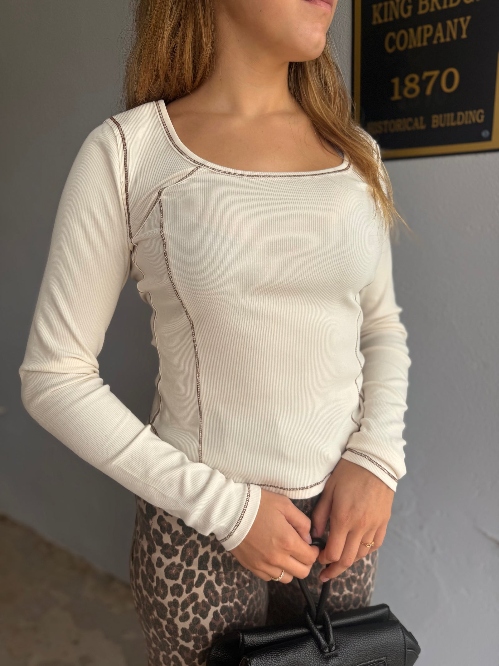 Cream Contrast Stitch Ribbed Top