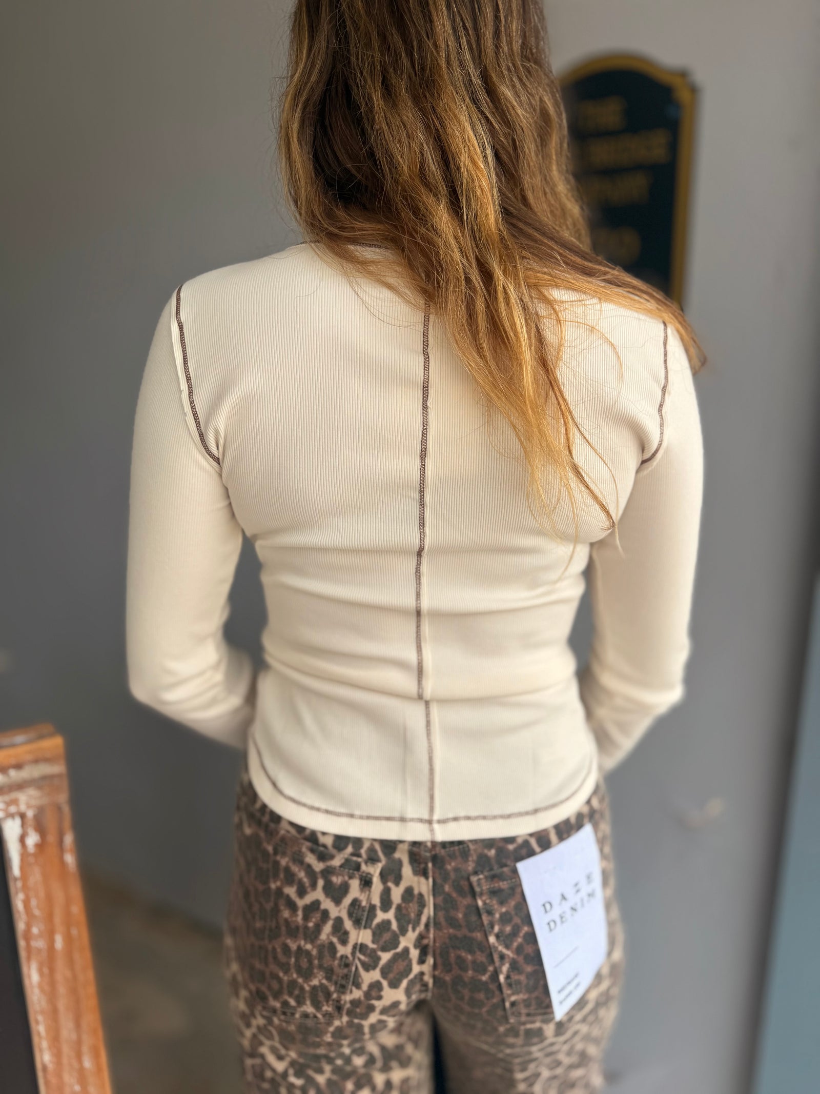 Cream Contrast Stitch Ribbed Top