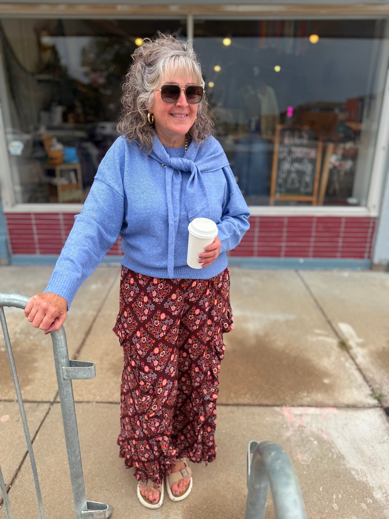 Easel Mocha Floral Flowy Gauze Pant w/ Ruffle Hem