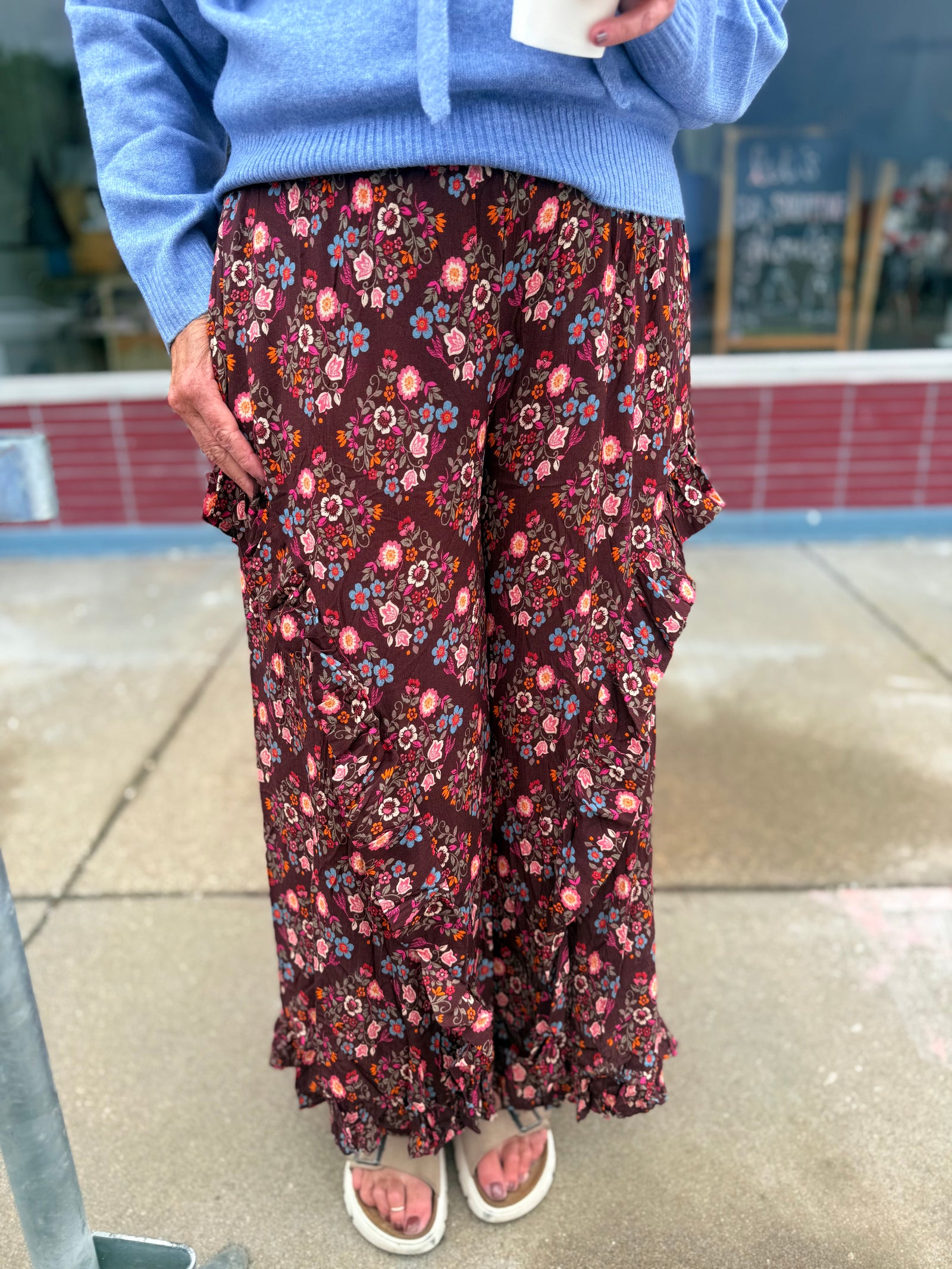 Easel Mocha Floral Flowy Gauze Pant w/ Ruffle Hem