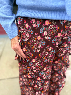 Easel Mocha Floral Flowy Gauze Pant w/ Ruffle Hem