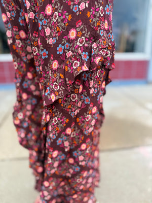 Easel Mocha Floral Flowy Gauze Pant w/ Ruffle Hem