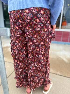 Easel Mocha Floral Flowy Gauze Pant w/ Ruffle Hem