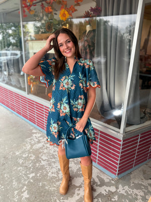 Entro Teal Floral Eyelet Lace Mini Dress